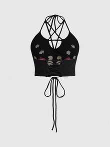 ROMWE Fairycore Forest Style Vintage 3D Mushroom Embroidered Decor Five-Point Star Cross Design Plus Size Women's Knit Top - Black - View 4