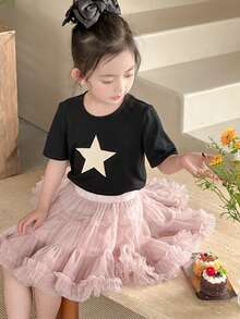 DAZY Set de 2 piezas - Camiseta de manga corta con estampado de estrella y falda de malla para niña, conjunto de verano para niñas