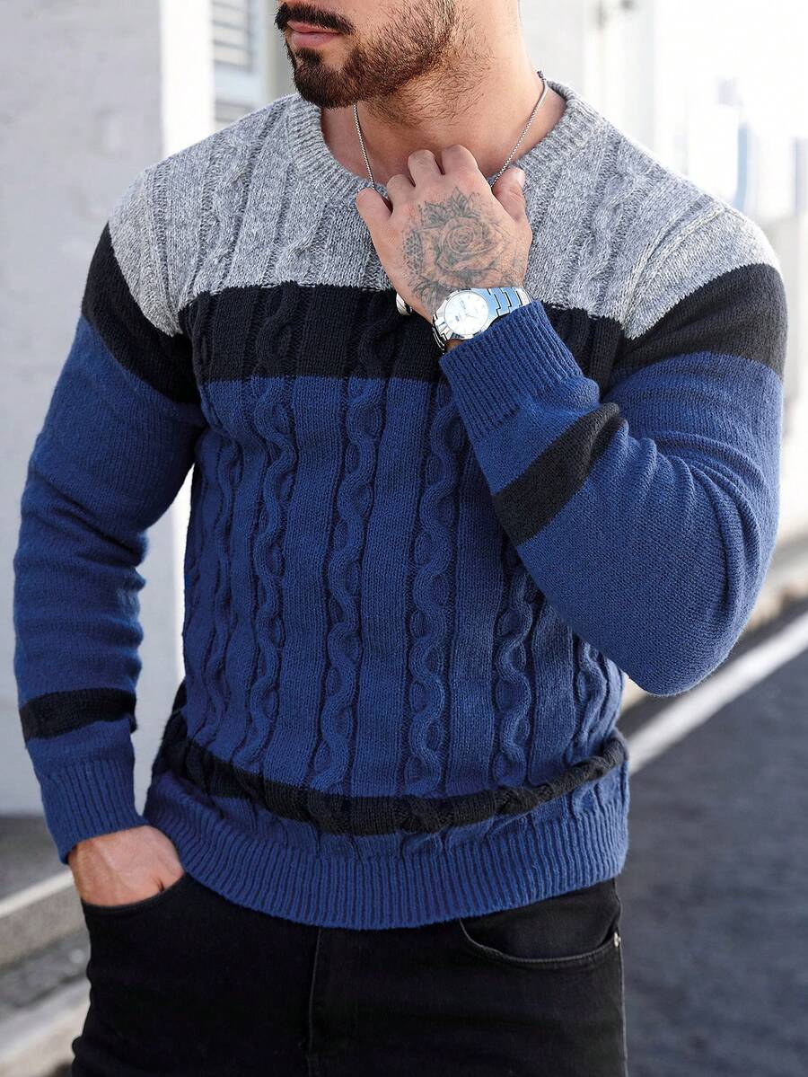Manfinity Homme 男士休闲撞色绞花针织套头毛衣,秋冬男士针织衫,长袖上衣 - 彩色 - 查看 1