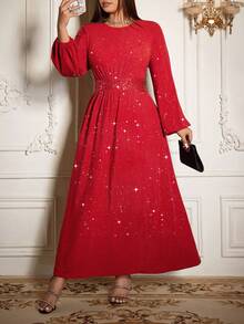 Flirla Plus Size Women's Solid Color Elastic Knit High Collar Cinched Waist With Hollow Metal Buckle Decor Bodycon Maxi Dress With Slit Hem, Chocolate Brown, Elegant Vintage French Street Style, Versatile, Suitable For Halloween, Christmas, Thanksgiving, Afternoon Tea Party, Semi-Formal Occasions, Autumn/Winter - Red - View 5