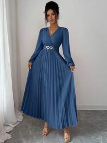Elenzga Autumn/Winter Back To School Season Pleated Dress, Elegant For Birthday Party, Wedding - Blue - View 5