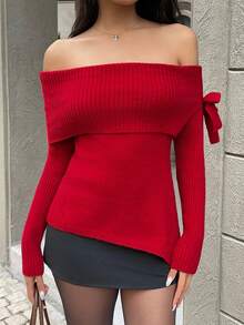 SHEIN Unity Áo len nữ dài tay màu trơn, trễ vai, vạt áo bất đối xứng có nơ trang trí, thích hợp cho mùa thu/đông, áo len chui đầu mùa thu. - Màu Đỏ Sâu - Xem 6