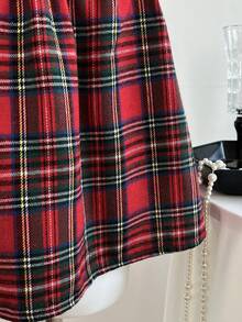 Elamini 女士格子圣诞圆领无袖褶皱下摆拼接迷你连衣裙 - 彩色 - 查看 4