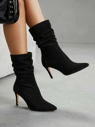 CUCCOO SZL 女士纯色尖头褶皱时尚日常高跟踝靴