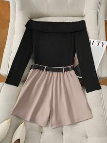 Franclia Conjunto de 2 piezas de top de manga larga con hombros descubiertos negro y shorts caqui, elegante y casual, versátil para uso diario, tallas grandes, para primavera/otoño - Multicolor - Ver 2
