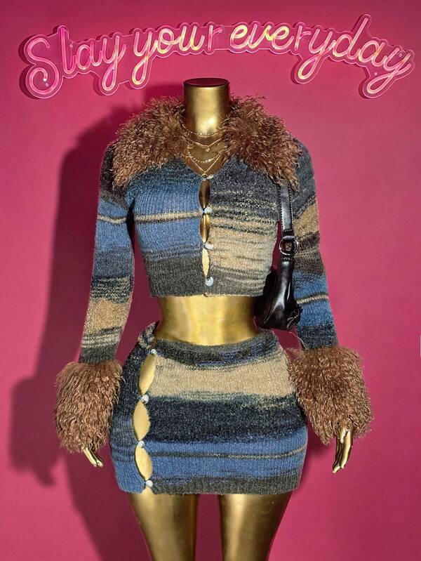 Slaydiva 2025 Autumn/Winter New Bohemian Music Festival, Country Style, Western Style, Seaside Vacation, Casual, , Avant-Garde, Party, Millennium Y2k, Sexy And Hot Girl, Lapel Khaki Fur Collar, Figure-Hugging, Opening Front Button Decoration, Long-Sleeved V Leader Mouth Fur Decoration, Cropped Sweater + Side Split Button Decoration, Mini Skirt Sweater Two Pieces Set -A  Christmas Sweater