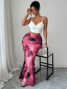 Elenzga 复古扎染印花褶裥高腰修身鱼尾裙，优雅别致的设计，适合女性，是春秋季返校季的理想之选。 - 酒紅色 - 查看 6