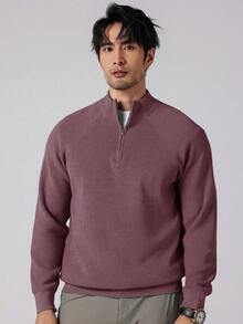 Manfinity Homme Men's Solid Color Raglan Sleeve Half-Zip Casual Knit Pullover Sweater - Lilac Purple - View 4