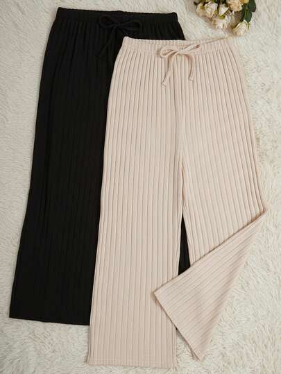 SHEIN 2pcs Plus Size Women Solid Color Black & Apricot Waistband Faux Drawstring Loose Leg Pants, Warm & Super Soft Ribbed Fabric Loungewear Pajama Pants Set For Winter