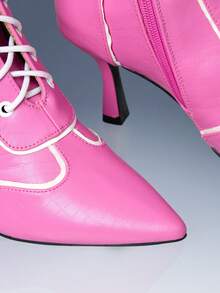 CUCCOO GRLICON 女士尖头系带黑白撞色过膝长靴，时尚百搭，适合圣诞节、新年派对、约会之夜、春季休闲、万圣节、赛车风格、感恩节等各种场合。 - 粉色 - 查看 4