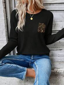 EMERY ROSE 新款女士豹纹口袋圆领长袖T恤 - 黑色 - 查看 3