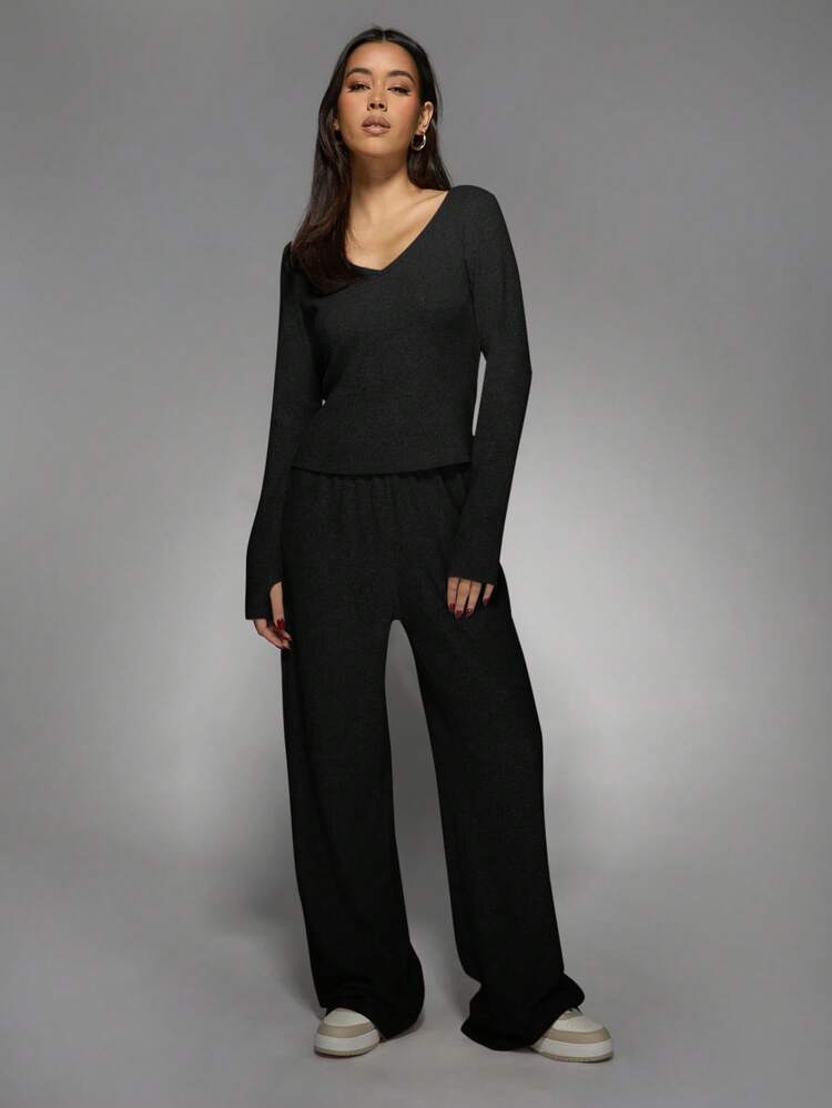 MISSGUIDED Knit Two Piece Lounge Set V Neck Long Sleeve Top Wide Leg Drawstring Pants Comfortable Casual Loungewear