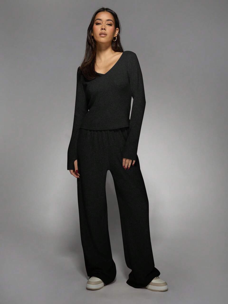 MISSGUIDED Knit Two Piece Lounge Set V Neck Long Sleeve Top Wide Leg Drawstring Pants Comfortable Casual Loungewear