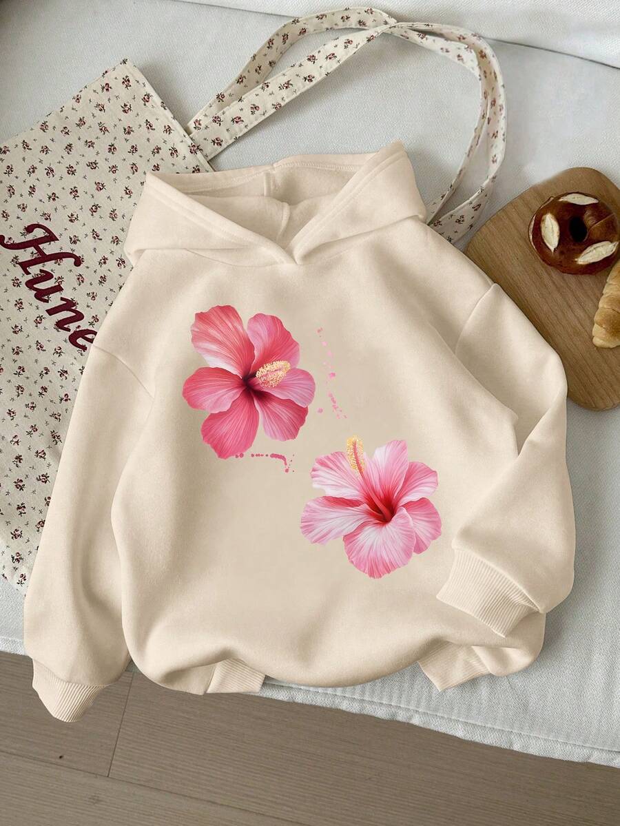 Áo nỉ có mũ họa tiết hoa dành cho bé gái tuổi teen, thoải mái, phù hợp cho mùa đông, mặc hàng ngày, hoạt động ngoài trời, phong cách ấm áp mùa thu đông, áo nỉ thời trang và ấm áp. - Màu Khaki - Xem 1