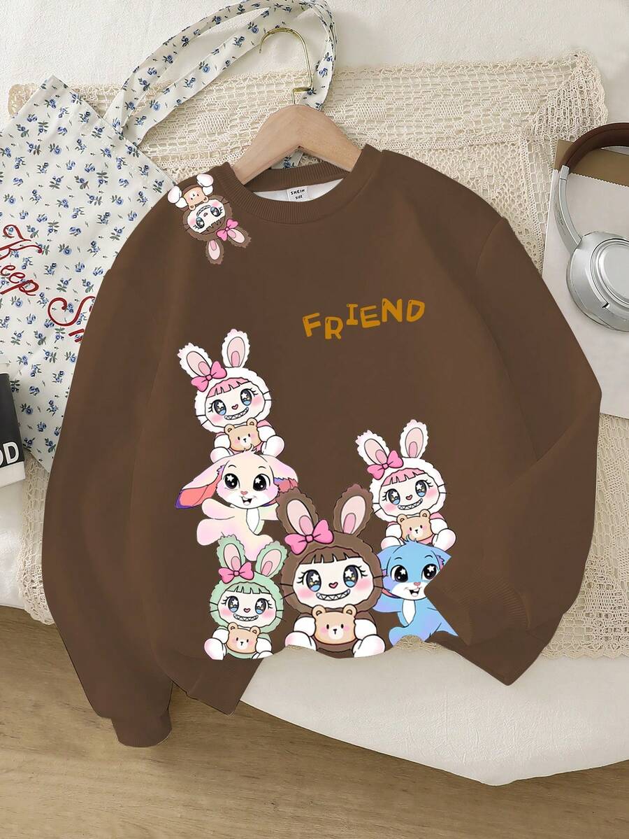 SHEIN 女童可爱卡通耷拉耳朵蓝色兔子印花圆领卫衣，秋冬季 - 彩色 - 查看 1