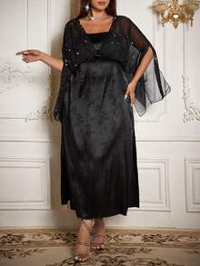 Flirla New Chinese Style Black Elegant Dinner Evening Formal Maxi Dress,Autumn Retro High Waist Patchwork V-Neck Short Sleeve Open Slit Cheongsam - Black - View 5