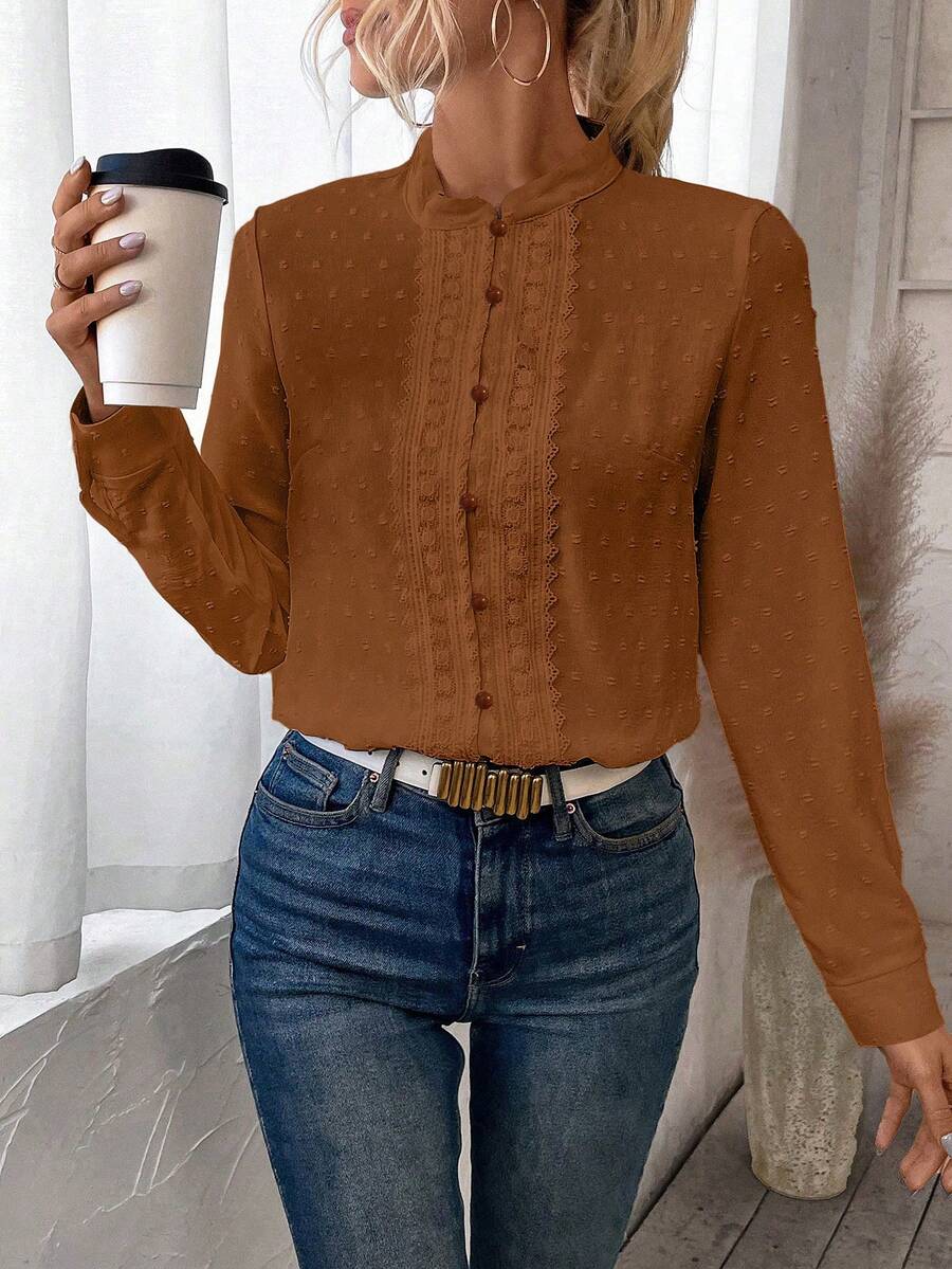 EMERY ROSE Women's Solid Color Contrast Lace Long Sleeve Single-Breasted Elegant Blouse