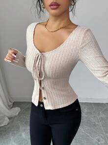 SHEIN Elenzya Women's Elegant Commuter Fashion New Sexy Apricot Ribbed Square Neck Tie Bow Slim Fit Button Long Sleeve T-Shirt, Spring/Autumn - Apricot - View 3