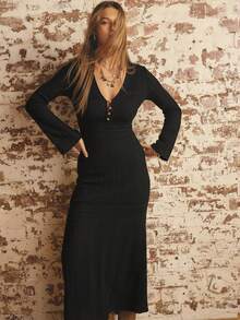 Aralina Đầm dài tay ôm dáng màu trơn đơn giản dành cho nữ - màu đen - Xem 7