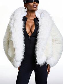 LYSMO 2025 New Minimalism Women's Solid Color Faux Fur Jacket,All White,Winter,Chic,Night Out Versatile Long Sleeve Party Coat White Shrug Outerwear - White - View 5