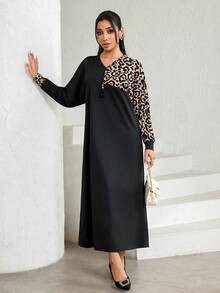 Al Najma Casual Loose Long Sleeve V-Neck Women's Arabic Dress  Black Dresses For Women Leopard Print - Black - View 4