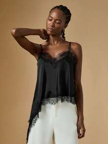 Briarwyn Women's Sexy Satin Solid Color Contrast Lace Asymmetric Hem Cami Black Top,Sexy Top,Halloween Costume,Party - Black - View 7