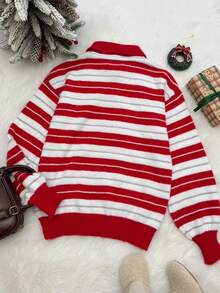 SHEIN Unity Maglione lavorato a maglia rosso a righe con collo a polo, ampio, articolo essenziale per Natale, inizio scuola, autunno/inverno, caldo e confortevole per uso quotidiano e domestico - Rosso - Visualizzare 4