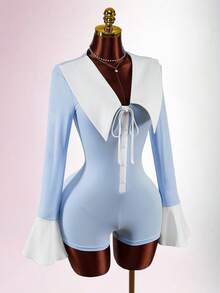 Amplova 女士撞色深V领扭结前襟长袖连体裤 - 藍色 - 查看 4