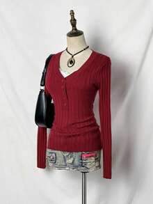 Jeanoix Damen Lässig einfarbige Knopf V-Ausschnitt figurbetonte Langarm Strick-Top, Herbst - Bordeaux - Übersicht 1