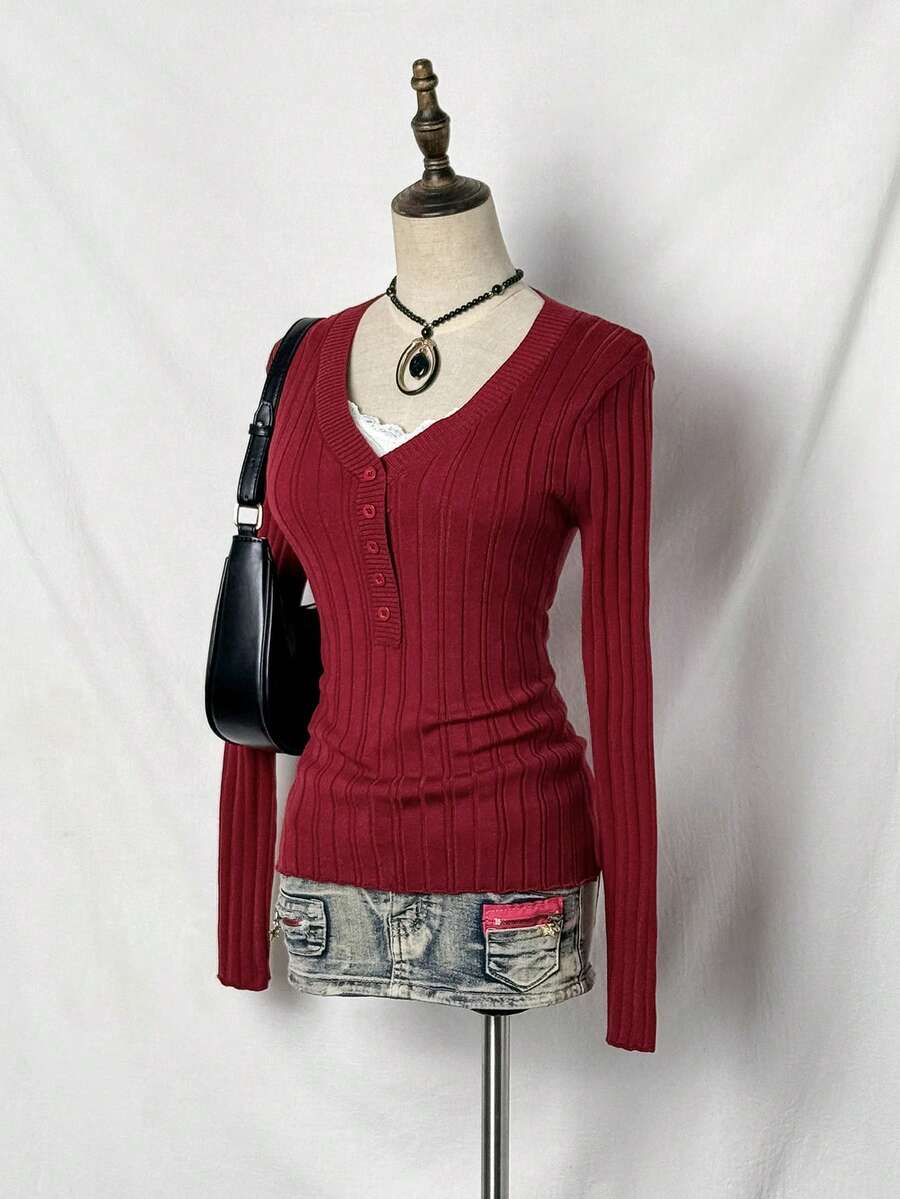 Jeanoix Damen Lässig einfarbige Knopf V-Ausschnitt figurbetonte Langarm Strick-Top, Herbst - Bordeaux - Übersicht 1