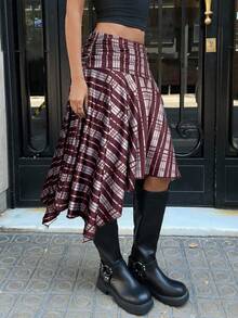 Aloruh 女士秋冬新款不对称下摆格子A字中长裙，复古Y2K街头风 - 酒紅色 - 查看 4