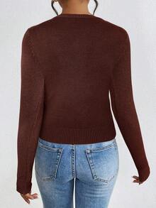 SHEIN Frenchy Suéter de cuello redondo de manga larga de unicolor y minimalista para mujer, para uso diario - Marrón - Ver 2