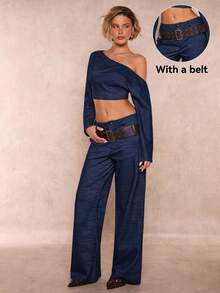 Glamine Fashionable Lady's Elegant And Casual Off-Shoulder Denim-Style Two-Piece Set - Blue - View 1