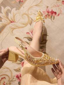 CUCCOO TILAWA Women's Elegant Square Heel Rhinestone Pointed Toe Silver High Heel Pumps, Suitable For Banquet, Party, Wedding And Other Occasions For Christmas - Gold - View 6