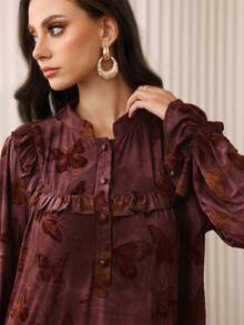 SHEIN Najma 荷叶边领泡泡袖宽松喇叭下摆女式阿拉伯风格连衣裙 - 紅木色 - 查看 6