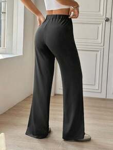 SHEIN Unity 女士松紧腰喇叭休闲宽松修身低腰裤 - 黑色 - 查看 2