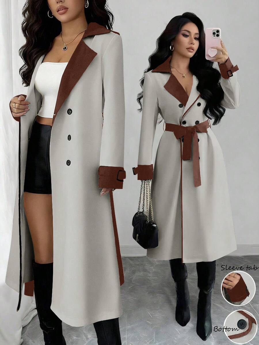 Elenzga 女士撞色领设计双排扣收腰优雅休闲通勤时尚法式百搭商务度假风衣，奶油白与杏色拼接，长袖，秋冬款 - 灰色 - 查看 1