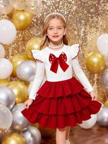 Elladie kids New European Style Round Neck Butterfly Sleeve Long Sleeve Set + A-Line Skirt With Bowknot And Ruffle Hem Top, 2 Piece Set - Red and White - View 1