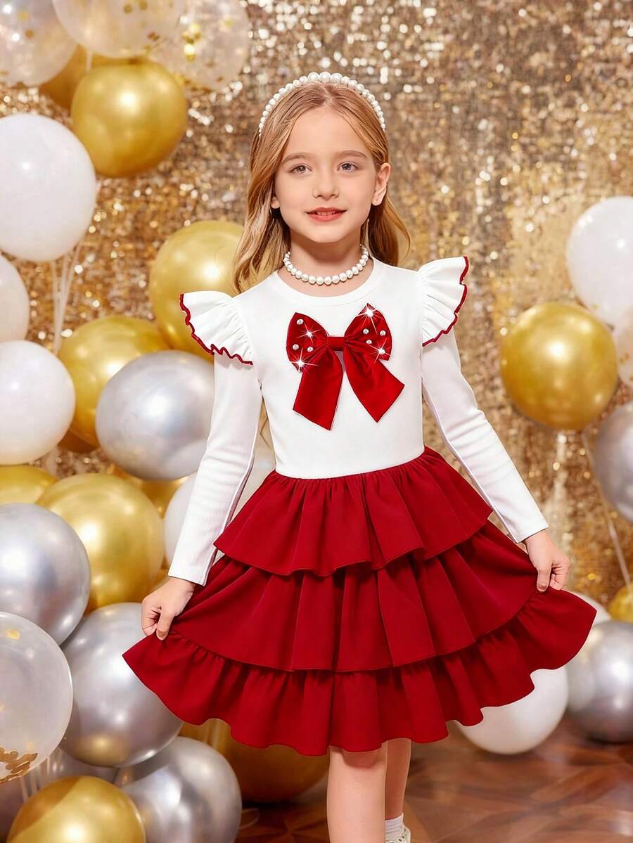 Elladie kids New European Style Round Neck Butterfly Sleeve Long Sleeve Set + A-Line Skirt With Bowknot And Ruffle Hem Top, 2 Piece Set - Red and White - View 1