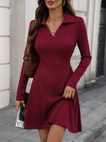 EMERY ROSE Váy dài tay ôm sát dệt kim họa tiết màu đỏ tía dành cho nữ, ấm áp cho mùa thu/đông - Màu Đỏ Sâu - Xem 6