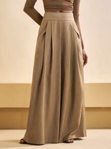 Zivah 2025秋冬新款休闲通勤宽松驼色亚麻材质不规则褶裥口袋高腰阔腿女裤，适合圣诞节、新年、日常出行、节日、购物、旅行、早午餐、机场穿搭、派对、约会、返校、休闲、背带裤等场合。 - 卡其色 - 查看 6