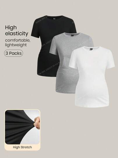 Modmama Pregnant Women Solid Color Simple Round Neck Short Sleeve T-Shirt For Daily Wear For Maternity