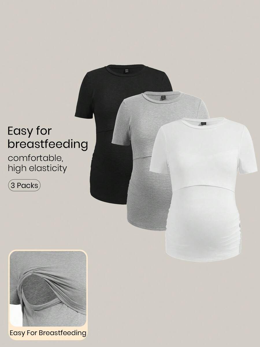 Modmama 3pcs Maternity Round Neck Short Sleeve Nursing T-Shirt