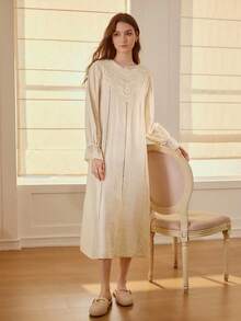 MOTF PREMIUM LACE TRIM LOOSE COMFORTABLE LONG ROMANTIC NIGHTGOWN - Apricot - View 4