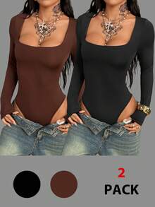 Coolane Women's Winter Streetwear Y2K Basic Daily Wear Casual Minimalist Stretchy Bustier Square Neck Long Sleeve Bodysuit 2pcs - Multicolor - View 2