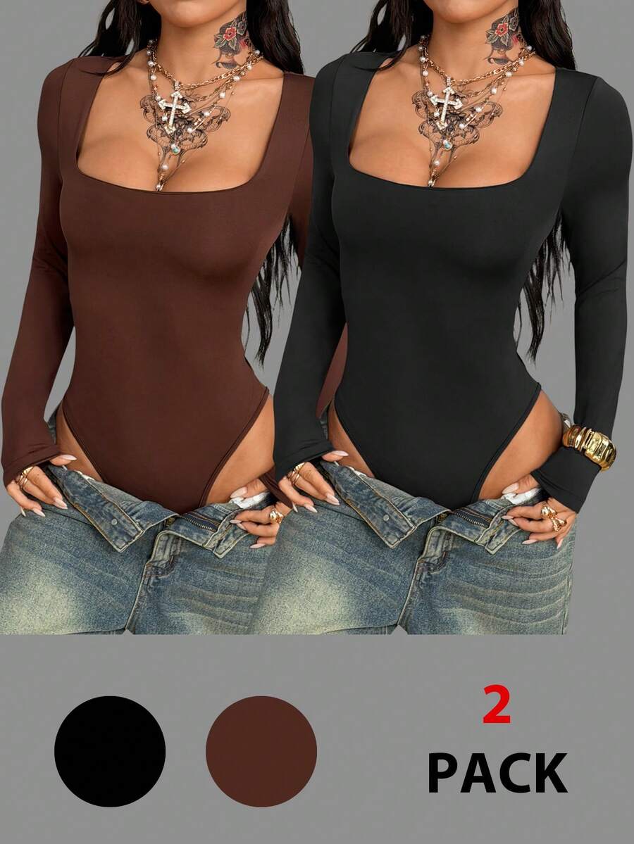 Coolane Women's Winter Streetwear Y2K Basic Daily Wear Casual Minimalist Stretchy Bustier Square Neck Long Sleeve Bodysuit 2pcs