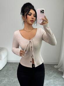 SHEIN Elenzya Women's Elegant Commuter Fashion New Sexy Apricot Ribbed Square Neck Tie Bow Slim Fit Button Long Sleeve T-Shirt, Spring/Autumn - Apricot - View 1