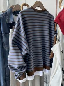 Resyla Plus Size Women Casual Striped Printed Pullover Sweatshirt, Fashion Versatile Outdoor Sporty Streetwear, Suitable For Autumn/Winter, Back To School, Teachers' Day - Multicolor - View 2