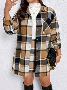 Elenzga Plus Size Women's Plaid Long Sleeve Cardigan Thin Jacket And Matching Plaid Mini Skirt 2 Pieces Set, Minimalist For Commuting - Brown - View 3