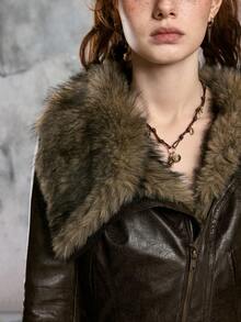 ROMWE EDITION 复古辣妹艾比复古嬉皮酸洗皮夹克 - 棕色 - 查看 3